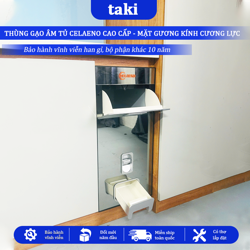 Thùng Gạo Tủ Bếp CELAENO CAO CẤP,, Thùng Gạo Âm Tủ, Mặt Gương Cường Lực, Bảo Hành Vĩnh Viễn