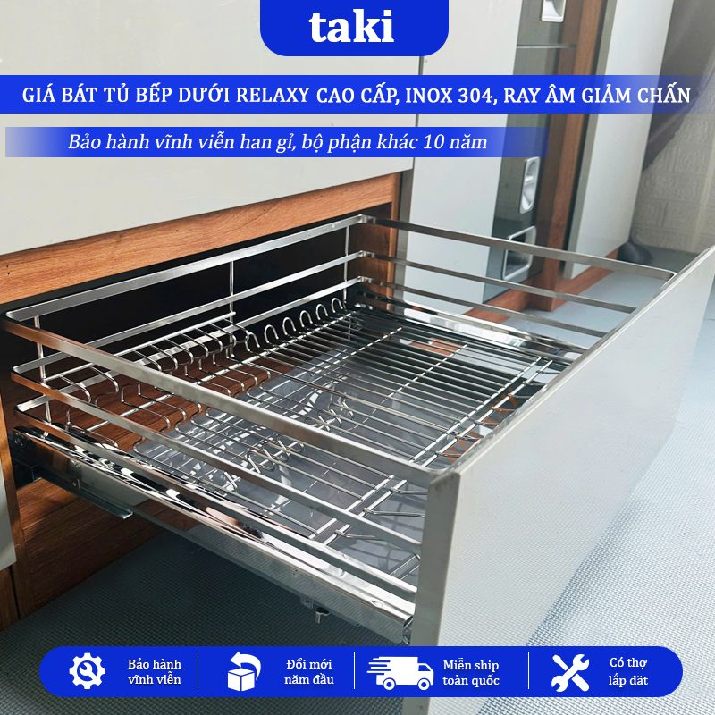 Giá Kéo Bát Tủ Bếp Dưới Đa Năng RELAXY, Kệ Chén Tủ Bếp - INOX  304 - Ray Âm Giảm Chấn - Bảo Hành Vĩnh Viễn - Có Thợ Lắp