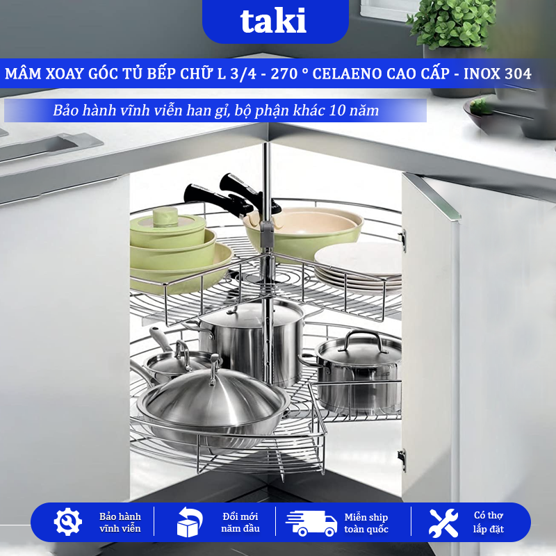 Kệ Góc Tủ Bếp CELAENO CAO CẤP, Kệ Góc Chữ L, Mâm Xoay 3/4 (270°) - INOX 304 - Bảo Hành Vĩnh Viễn - Có Thợ Lắp