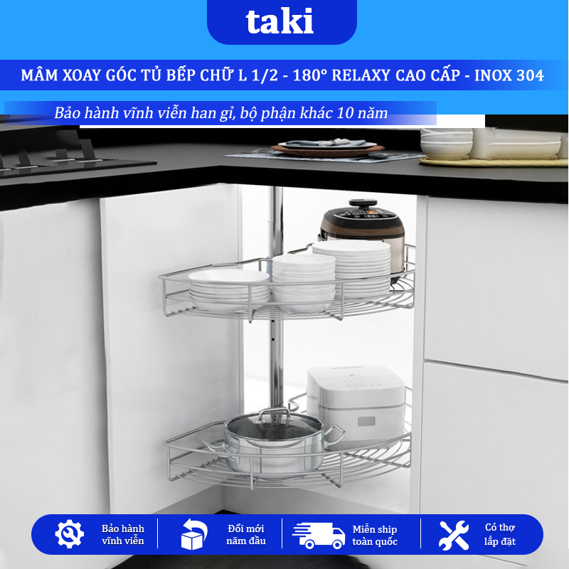 Mâm Xoay Góc Tủ Bếp 1/2(180°) RELAXY CAO CẤP - INOX KHÔNG GỈ 304, Bảo Hành Vĩnh Viễn - Có Thợ Lắp