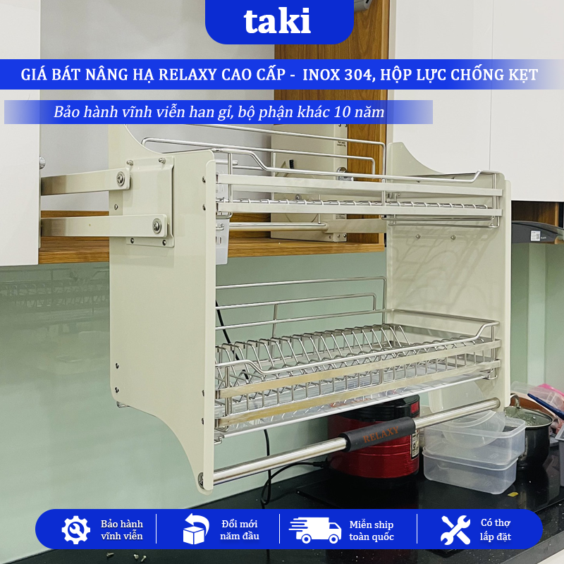 Giá Bát Nâng Hạ RELAXY CAO CẤP, Kệ Chén Nâng Hạ, INOX 304, Bảo Hành Hộp Lực 10 Năm, Trọn Đời Han Gỉ INOX, Có Thợ Lắp