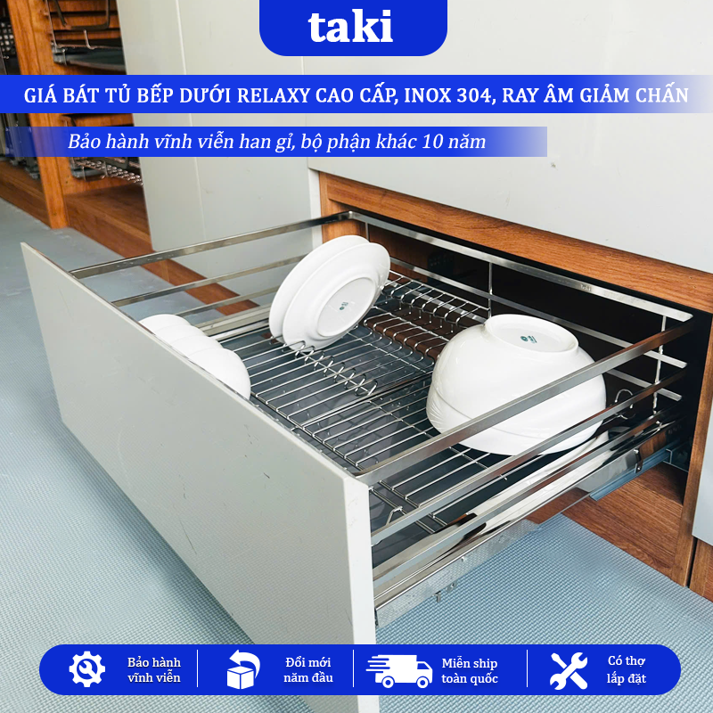 Giá Kéo Bát Tủ Bếp Dưới Đa Năng RELAXY, Kệ Chén Tủ Bếp - INOX  304 - Ray Âm Giảm Chấn - Bảo Hành Vĩnh Viễn - Có Thợ Lắp