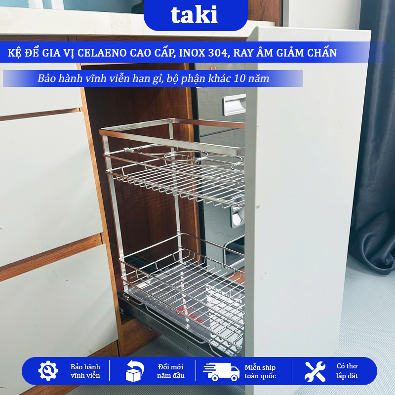 Kệ Đựng Gia Vị Tủ Bếp CELAENO CAO CẤP, INOX 304, Ray Giảm Chấn , Bảo Hành Vĩnh Viễn, Có Thợ Lắp