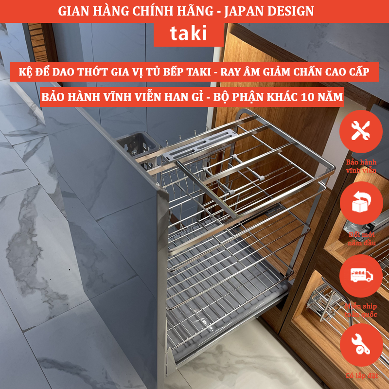 Kệ Dao Thớt & Gia Vị Tủ Bếp TAKI INOX Không Gỉ 304 -  Ray Âm Giảm Chấn Cao Cấp   - BẢO HÀNH VĨNH VIỄN - Có Thợ Lắp Đặt