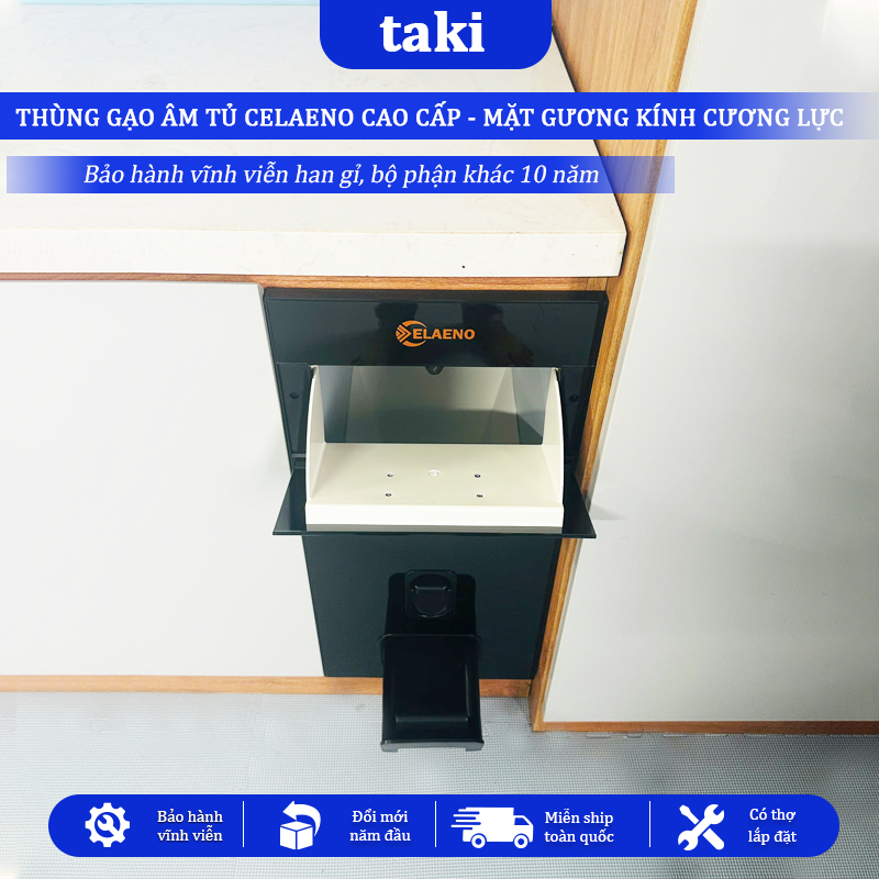 Thùng Gạo Tủ Bếp CELAENO CAO CẤP,, Thùng Gạo Âm Tủ, Mặt Gương Cường Lực, Bảo Hành Vĩnh Viễn