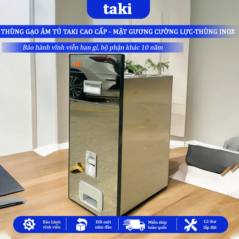 Thùng Gạo Âm Tủ TAKI Tủ Bếp CAO CẤP, Thùng Gạo Tủ Bếp, Mặt Gương Cường Lực, Thùng INOX 304, Bảo Hành Vĩnh Viễn
