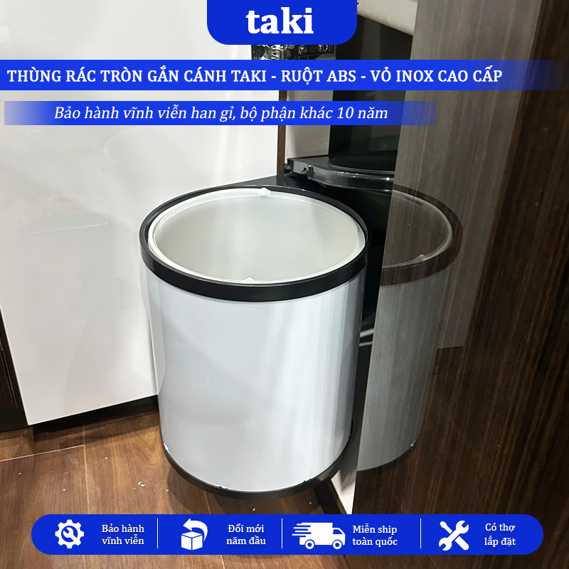 Thùng Rác Tủ Bếp - Thùng Rác Tròn Gắn Cánh TAKI CAO CẤP - Bảo Hành 10 Năm - Có Thợ Lắp
