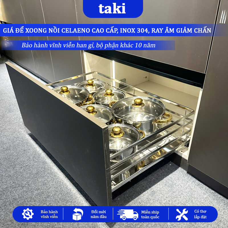 Giá Kéo Xoong Nồi Tủ Bếp CELAENO CAO CẤP, Kệ Xoong Nồi - INOX 304, Ray Âm Giảm Chấn, Bảo Hành Vĩnh Viễn, Có Thợ Lắp