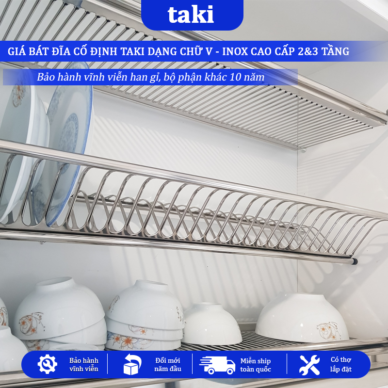 Giá Bát Cố Định Tủ Bếp TAKI, Kệ Chén Tủ Bếp Dạng Chữ V, INOX 304  Bảo Hành INOX Vĩnh Viễn - Có Thợ Lắp