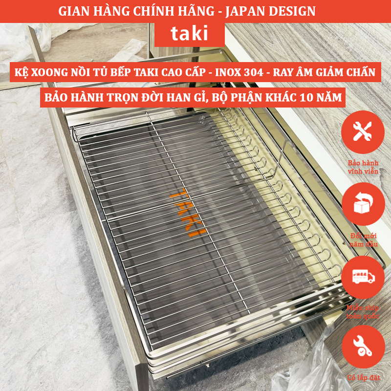 Giá Kéo Xoong Nồi Tủ Bếp Dưới TAKI -  INOX 304 -  Ray Âm Giảm Chấn Cao Cấp - Bảo Hành Vinh Viễn -Có Thợ Lắp