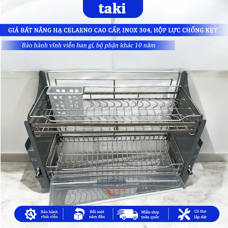 Kệ Chén Di Động, Giá Bát Nâng Hạ CELAENO GRAY, Kệ Chén Nâng Hạ - INOX Không Gỉ 304 - Bảo Hành Vĩnh Viễn - Có Thợ Lắp