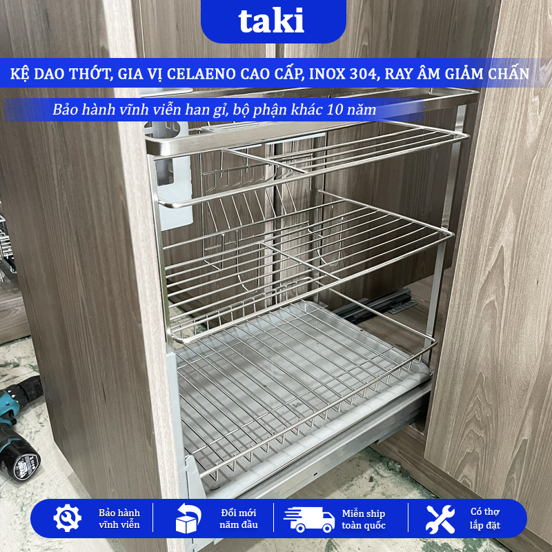 Kệ Dao Thớt & Gia Vị Tủ Bếp CELAENO - INOX 304, Ray Âm Giảm Chấn, Bảo Hành Vĩnh Viễn, Có Thợ Lắp