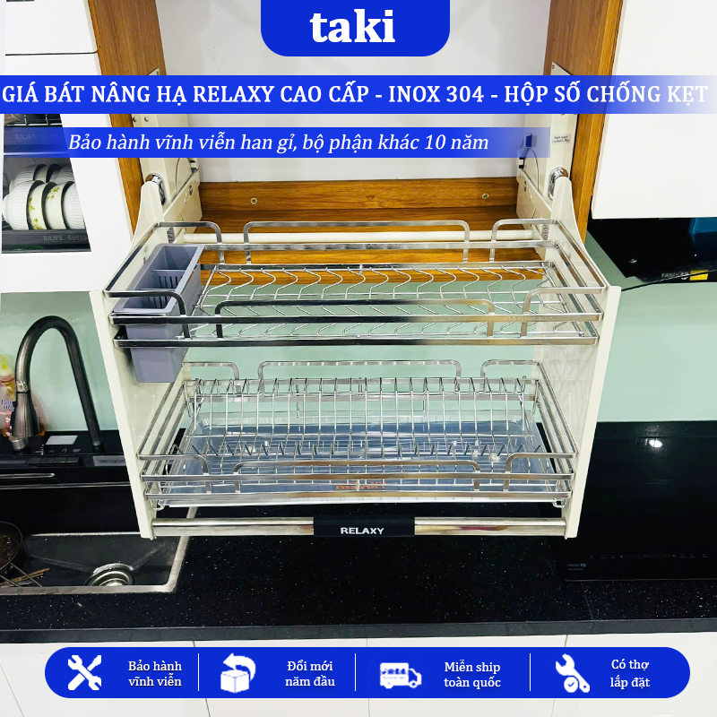 Giá Bát Nâng Hạ RELAXY CAO CẤP, Kệ Chén Nâng Hạ, INOX 304, Bảo Hành Hộp Lực 10 Năm, Trọn Đời Han Gỉ INOX, Có Thợ Lắp