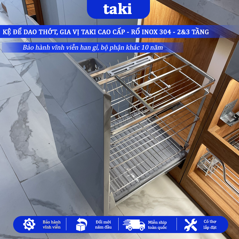 Kệ Dao Thớt & Gia Vị Tủ Bếp TAKI INOX Không Gỉ 304 -  Ray Âm Giảm Chấn Cao Cấp   - BẢO HÀNH VĨNH VIỄN - Có Thợ Lắp Đặt