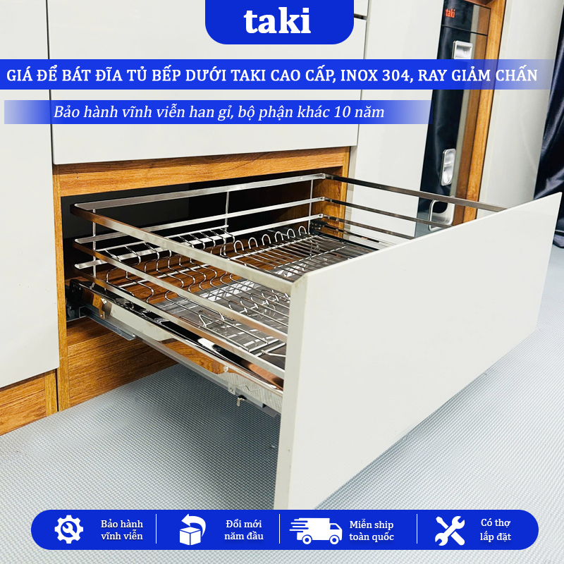 Giá Bát Tủ Dưới TAKI CẤP, Giá Bát Tủ Bếp Dưới - INOX 304 - Ray Âm Giảm Chấn - Bảo Hành Vĩnh Viễn - Có Thợ Lắp