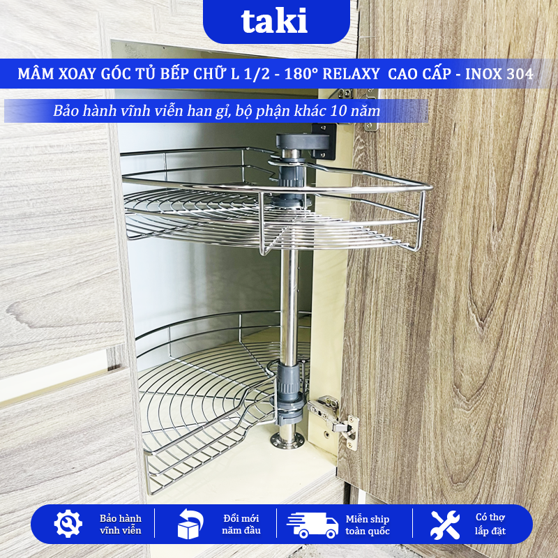 Mâm Xoay Góc Tủ Bếp 1/2(180°) RELAXY CAO CẤP - INOX KHÔNG GỈ 304, Bảo Hành Vĩnh Viễn - Có Thợ Lắp