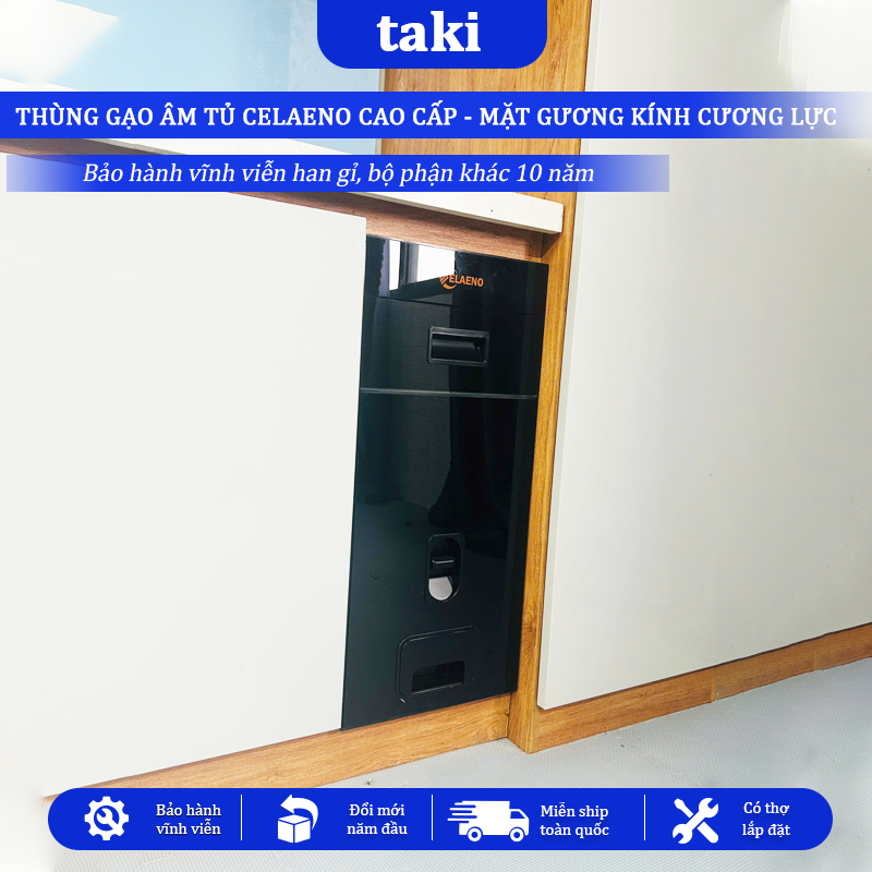 Thùng Gạo Tủ Bếp CELAENO CAO CẤP,, Thùng Gạo Âm Tủ, Mặt Gương Cường Lực, Bảo Hành Vĩnh Viễn