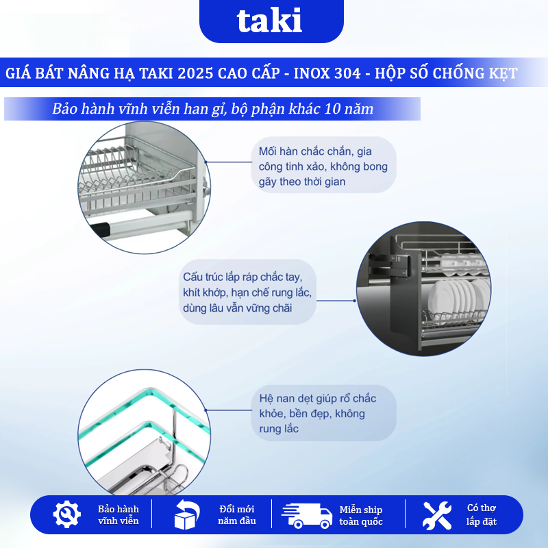 Giá Bát Nâng Hạ TAKI GRAY CAO CẤP - NEW 2025 - INOX Không Gỉ 304, Bảo Hành Máy 10 Năm - Bảo Hành Vĩnh Viễn - Có Thợ Lắp Đặt