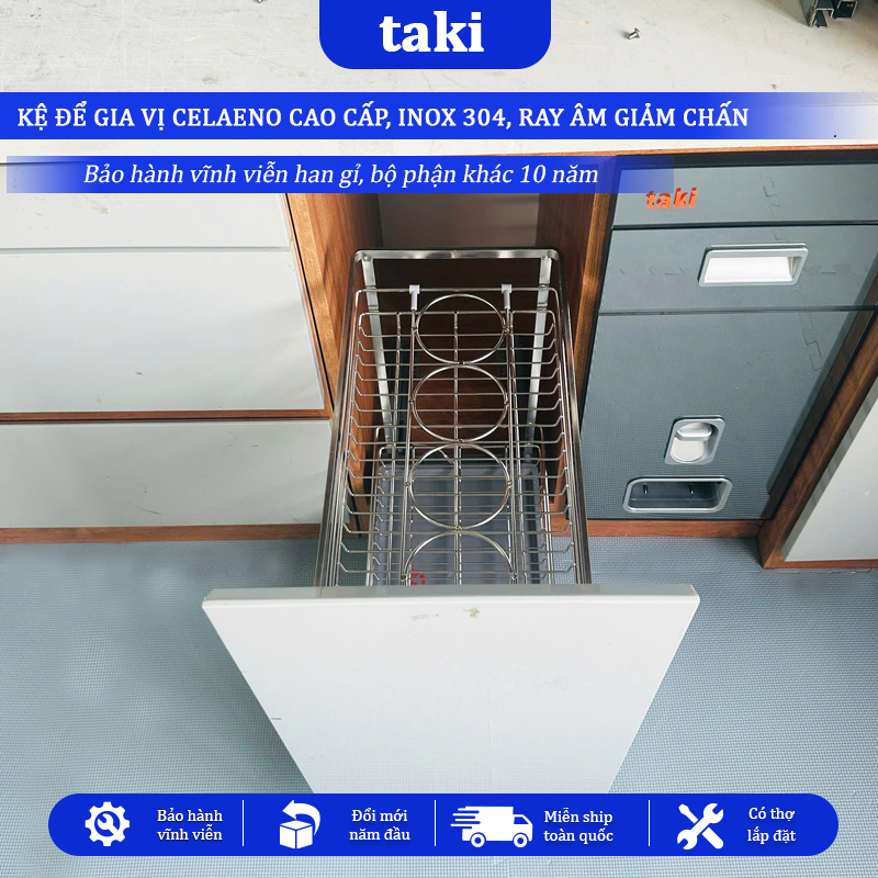 Kệ Đựng Gia Vị Tủ Bếp CELAENO CAO CẤP, INOX 304, Ray Giảm Chấn , Bảo Hành Vĩnh Viễn, Có Thợ Lắp