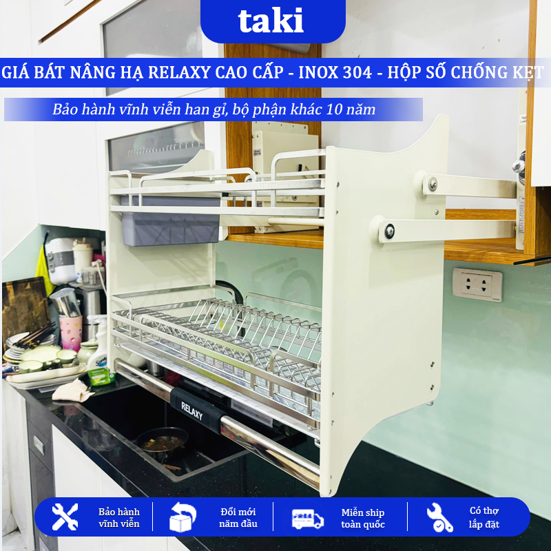 Giá Bát Nâng Hạ RELAXY CAO CẤP, Kệ Chén Nâng Hạ, INOX 304, Bảo Hành Hộp Lực 10 Năm, Trọn Đời Han Gỉ INOX, Có Thợ Lắp