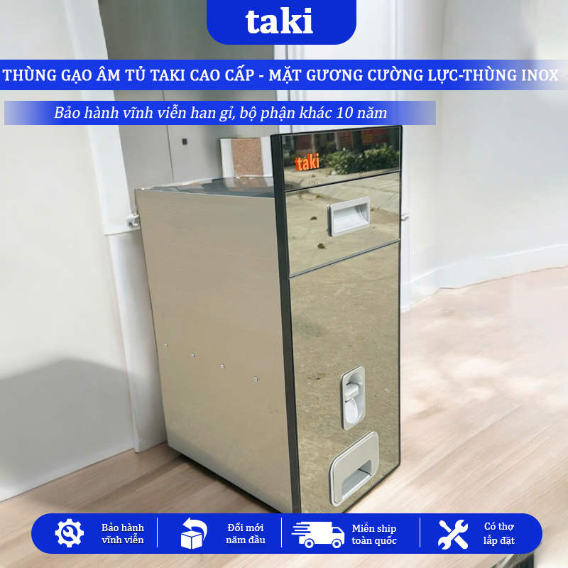 Thùng Gạo Âm Tủ TAKI Tủ Bếp CAO CẤP, Thùng Gạo Tủ Bếp, Mặt Gương Cường Lực, Thùng INOX 304, Bảo Hành Vĩnh Viễn