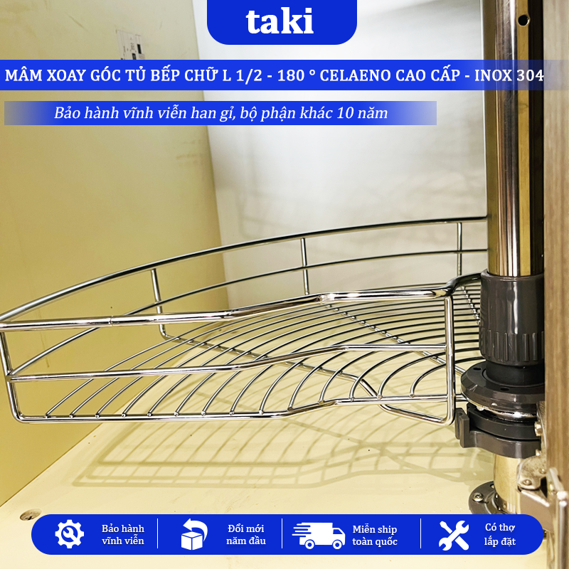 Mâm Xoay Góc Tủ Bếp 1/2(180°) CELAENO CAO CẤP - INOX KHÔNG GỈ 304, Bảo Hành Vĩnh Viễn - Có Thợ Lắp