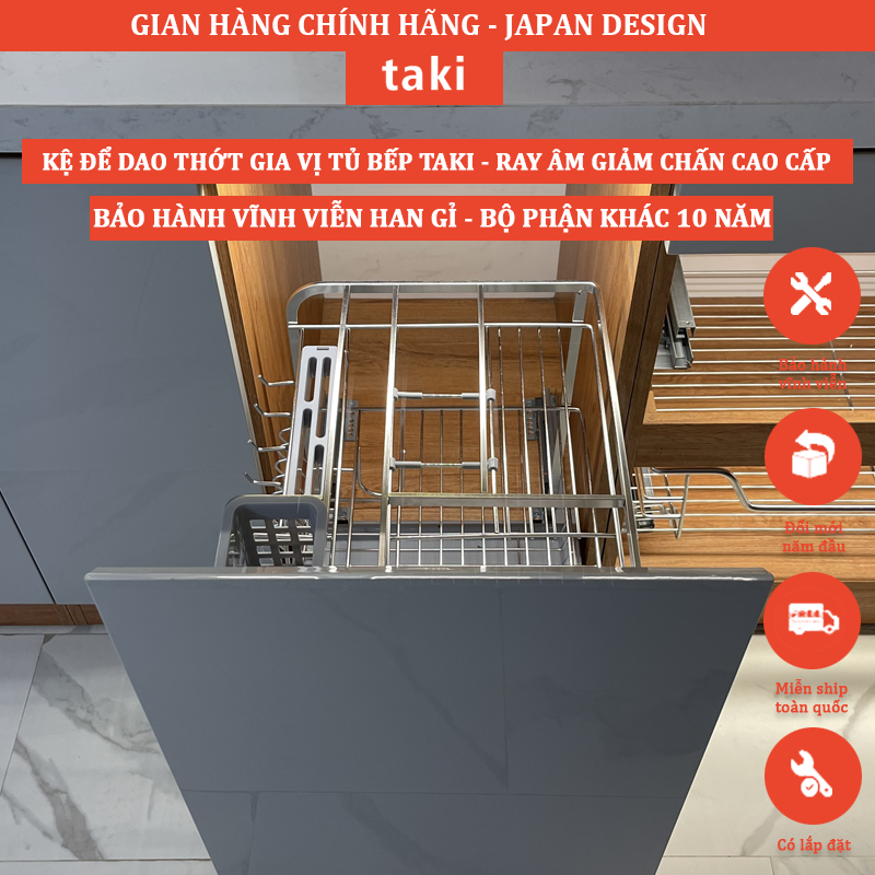 Kệ Dao Thớt & Gia Vị Tủ Bếp TAKI INOX Không Gỉ 304 -  Ray Âm Giảm Chấn Cao Cấp   - BẢO HÀNH VĨNH VIỄN - Có Thợ Lắp Đặt