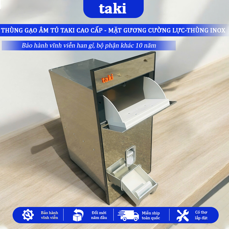 Thùng Gạo Âm Tủ TAKI Tủ Bếp CAO CẤP, Thùng Gạo Tủ Bếp, Mặt Gương Cường Lực, Thùng INOX 304, Bảo Hành Vĩnh Viễn