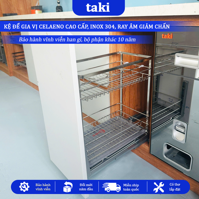 Kệ Đựng Gia Vị Tủ Bếp CELAENO CAO CẤP, INOX 304, Ray Giảm Chấn , Bảo Hành Vĩnh Viễn, Có Thợ Lắp