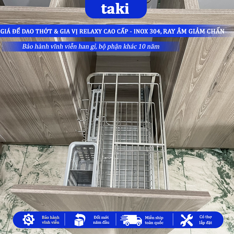 Trọn Bộ Giá Kéo Dao Thớt RELAXY CAO CẤP, Kệ Dao Thớt Tủ Bếp , INOX 304, Ray ÂM Giảm Chấn, Bảo Hành Vĩnh Viễn, Có Lắp