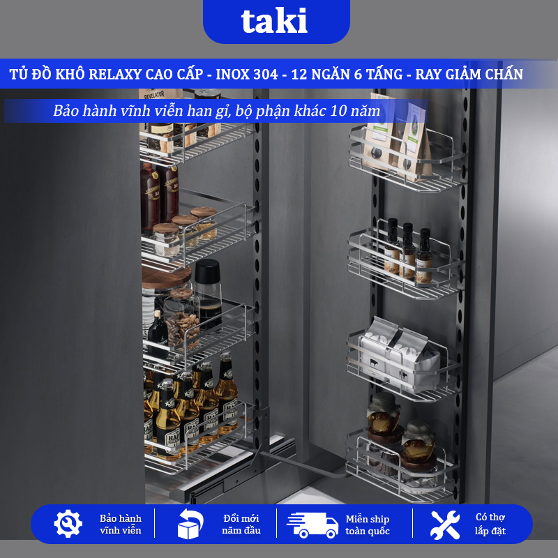 Tủ Đồ Khô Nhà Bếp 12 Ngăn 6 Tầng RELAXY CAO CẤP, INOX 304, Hệ Ray Giảm Chấn - Bảo Hành Vĩnh Viễn - Có Thợ Lắp