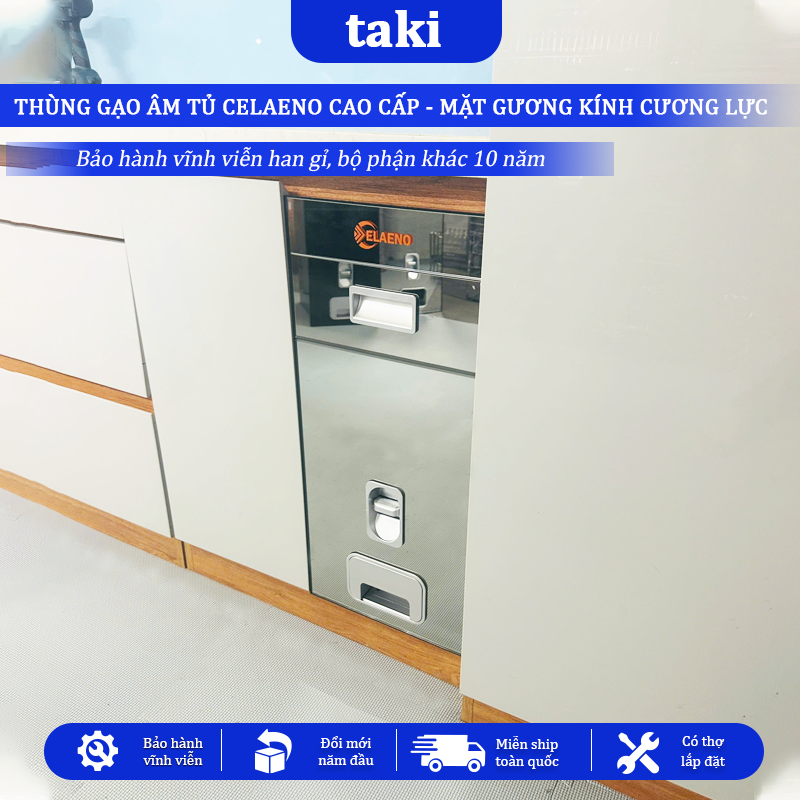 Thùng Gạo Tủ Bếp CELAENO CAO CẤP,, Thùng Gạo Âm Tủ, Mặt Gương Cường Lực, Bảo Hành Vĩnh Viễn