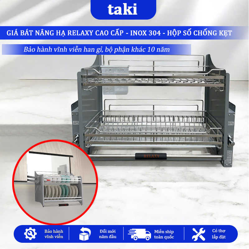 Giá Bát Nâng Hạ RELAXY CAO CẤP, Kệ Chén Nâng Hạ, INOX 304, Bảo Hành Hộp Lực 10 Năm, Trọn Đời Han Gỉ INOX, Có Thợ Lắp