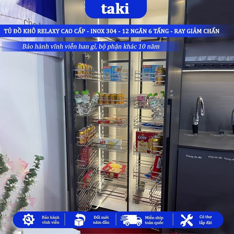 Tủ Đồ Khô Nhà Bếp 12 Ngăn 6 Tầng RELAXY CAO CẤP, INOX 304, Hệ Ray Giảm Chấn - Bảo Hành Vĩnh Viễn - Có Thợ Lắp