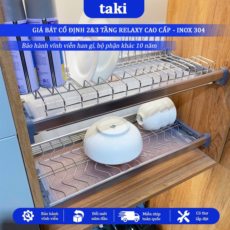 Giá Bát Cố Định RELAXY CAO CẤP, Khung Nhôm, INOX 304, Kệ Để Chén Tủ Bếp Trên - Bảo Hành INOX Vĩnh Viễn - Có Thợ Lắp