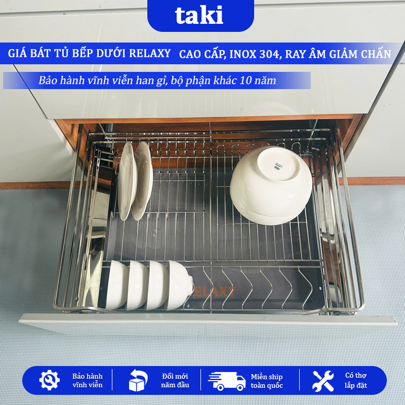 Giá Kéo Bát Tủ Bếp Dưới Đa Năng RELAXY, Kệ Chén Tủ Bếp - INOX  304 - Ray Âm Giảm Chấn - Bảo Hành Vĩnh Viễn - Có Thợ Lắp