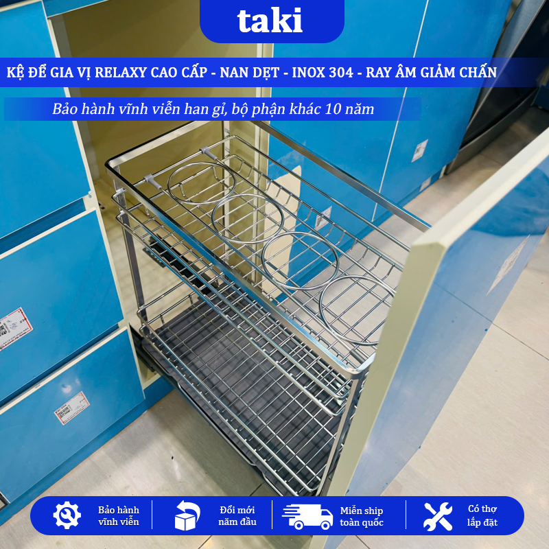 Trọn Bộ Giá Kéo Đựng Gia Vị Tủ Bếp RELAXY CAO CẤP, INOX 304, Hệ Ray Giảm Chấn , Bảo Hành Vĩnh Viễn, Có Thợ Lắp