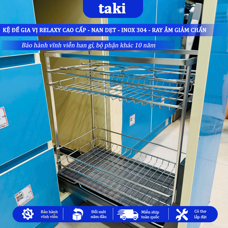 Trọn Bộ Giá Kéo Đựng Gia Vị Tủ Bếp RELAXY CAO CẤP, INOX 304, Hệ Ray Giảm Chấn , Bảo Hành Vĩnh Viễn, Có Thợ Lắp