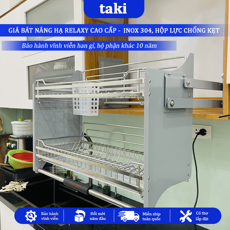 Giá Bát Nâng Hạ RELAXY CAO CẤP, Kệ Chén Nâng Hạ, INOX 304, Bảo Hành Hộp Lực 10 Năm, Trọn Đời Han Gỉ INOX, Có Thợ Lắp