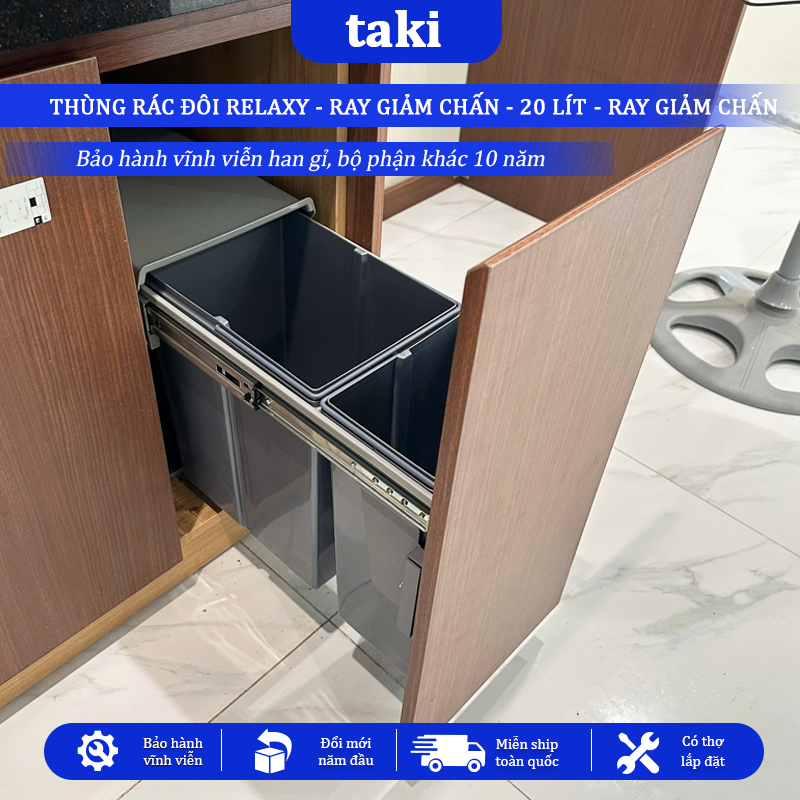Thùng Rác Đôi Thông Minh RELAXY CAO CẤP Âm Tủ Bếp, 2 Khoang Dung Tích 20L - Bảo Hành 10 Năm - Có Thợ Lắp