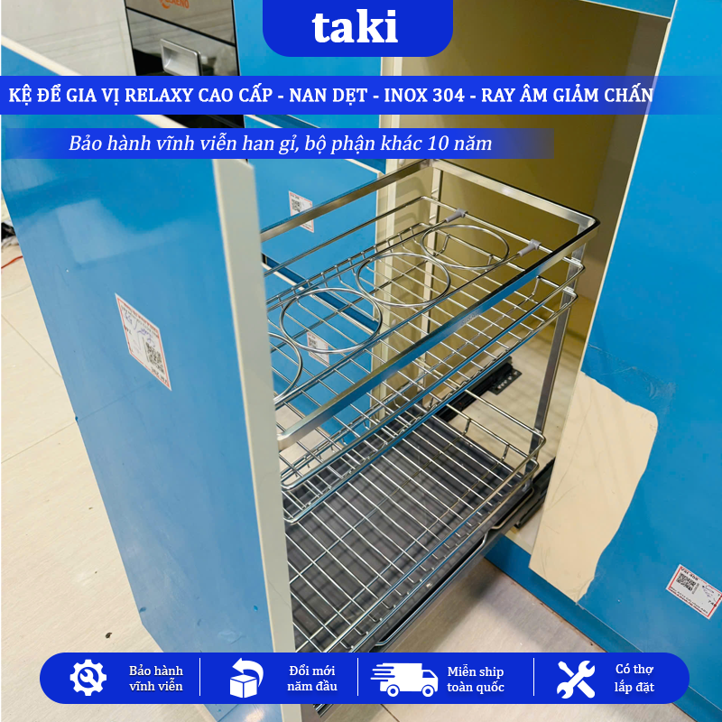 Trọn Bộ Giá Kéo Đựng Gia Vị Tủ Bếp RELAXY CAO CẤP, INOX 304, Hệ Ray Giảm Chấn , Bảo Hành Vĩnh Viễn, Có Thợ Lắp