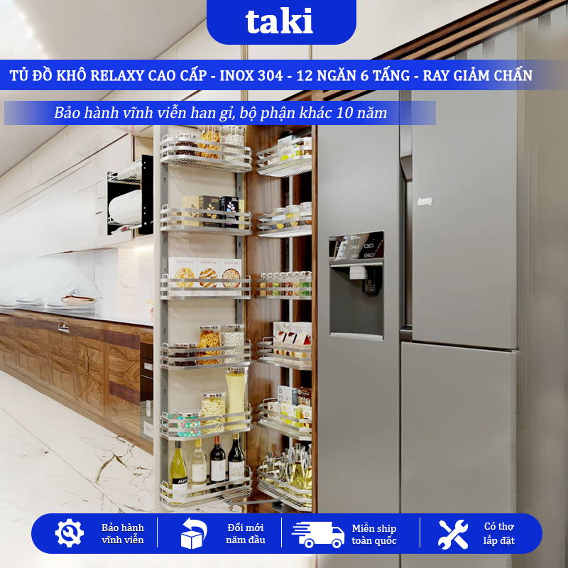 Tủ Đồ Khô Nhà Bếp 12 Ngăn 6 Tầng RELAXY CAO CẤP, INOX 304, Hệ Ray Giảm Chấn - Bảo Hành Vĩnh Viễn - Có Thợ Lắp