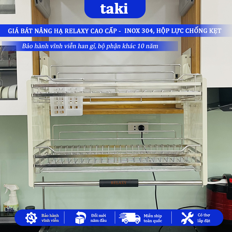 Giá Bát Nâng Hạ RELAXY CAO CẤP, Kệ Chén Nâng Hạ, INOX 304, Bảo Hành Hộp Lực 10 Năm, Trọn Đời Han Gỉ INOX, Có Thợ Lắp
