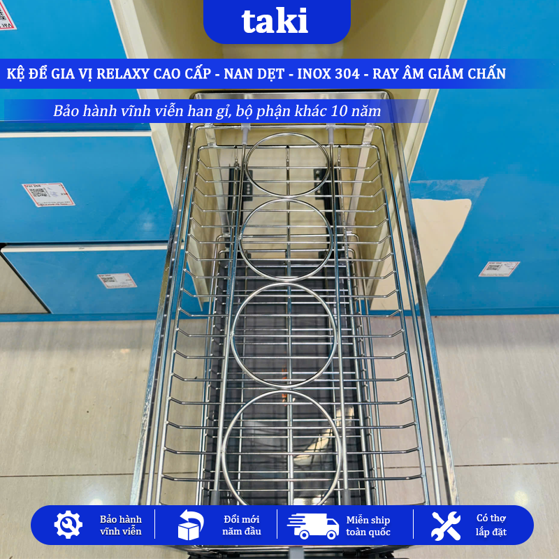 Trọn Bộ Giá Kéo Đựng Gia Vị Tủ Bếp RELAXY CAO CẤP, INOX 304, Hệ Ray Giảm Chấn , Bảo Hành Vĩnh Viễn, Có Thợ Lắp
