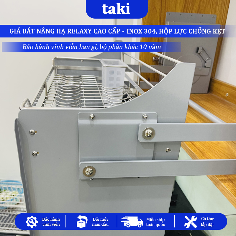 Giá Bát Nâng Hạ RELAXY CAO CẤP, Kệ Chén Nâng Hạ, INOX 304, Bảo Hành Hộp Lực 10 Năm, Trọn Đời Han Gỉ INOX, Có Thợ Lắp