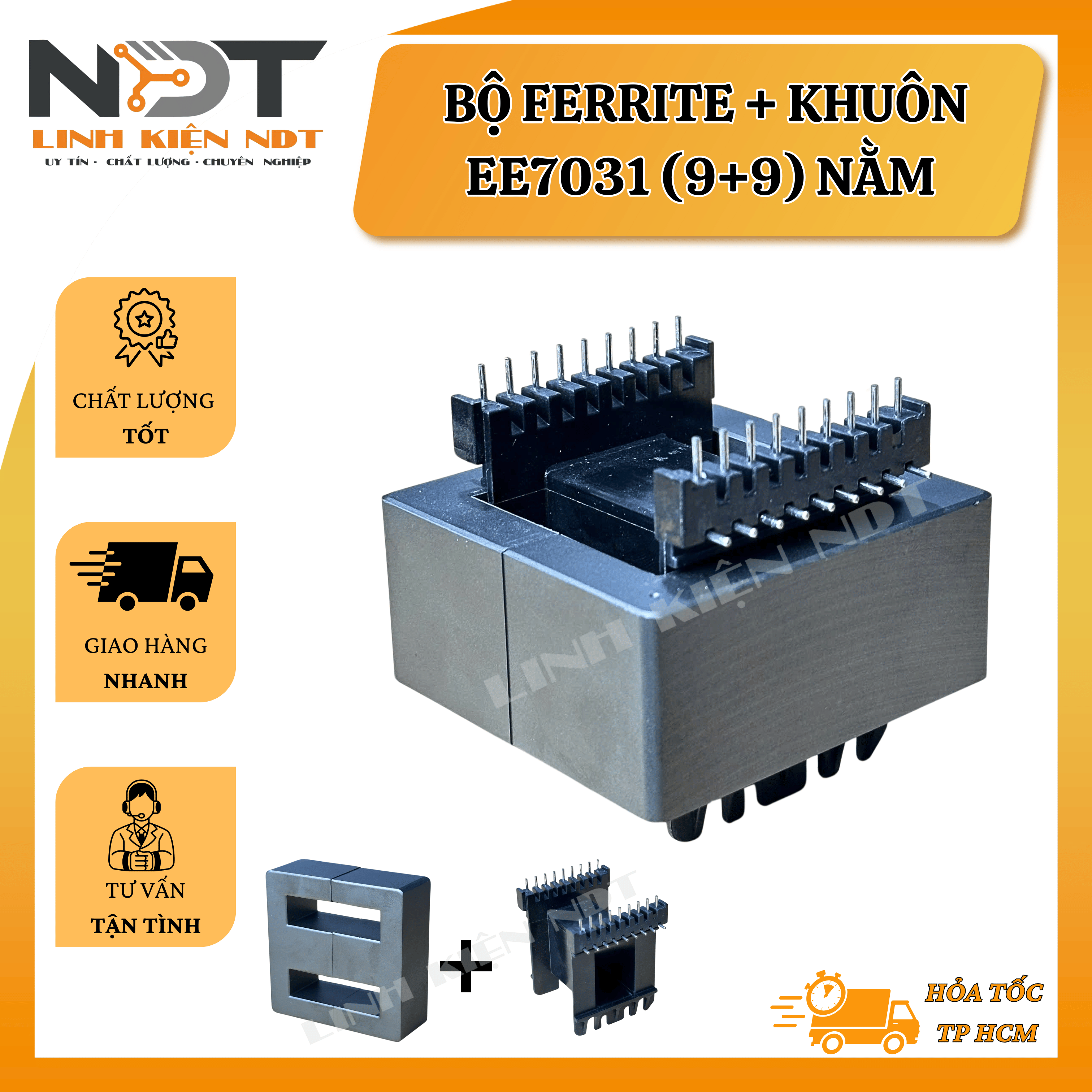 Lõi Biến Áp Xung EE70- Ferit + Khuôn Nằm 9+9 chân - Linh Kiện NDT
