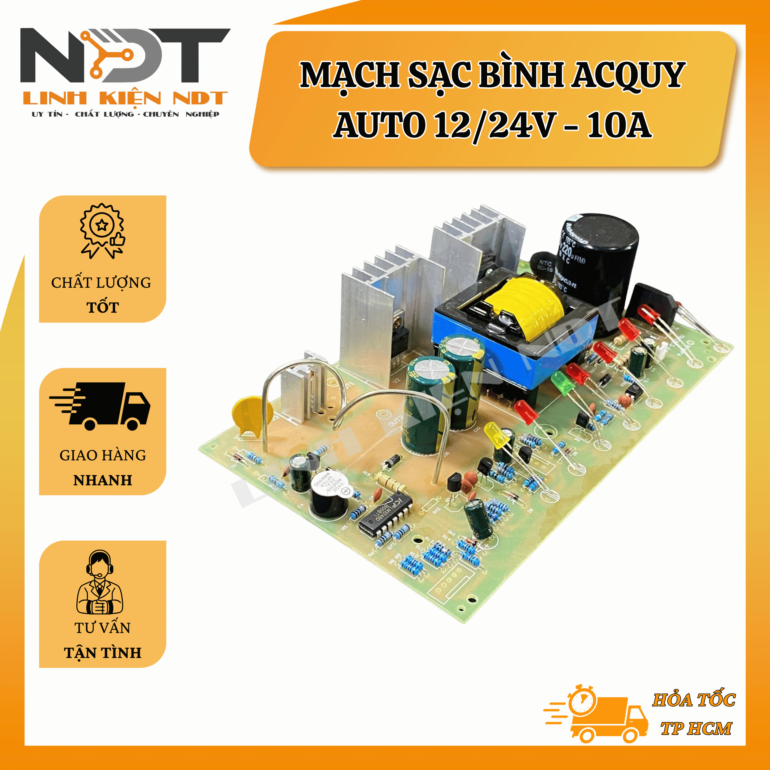 Mạch Sạc Acquy Tự Động 12/24V 10A 3 Giai Đoạn - Linh Kiện NDT