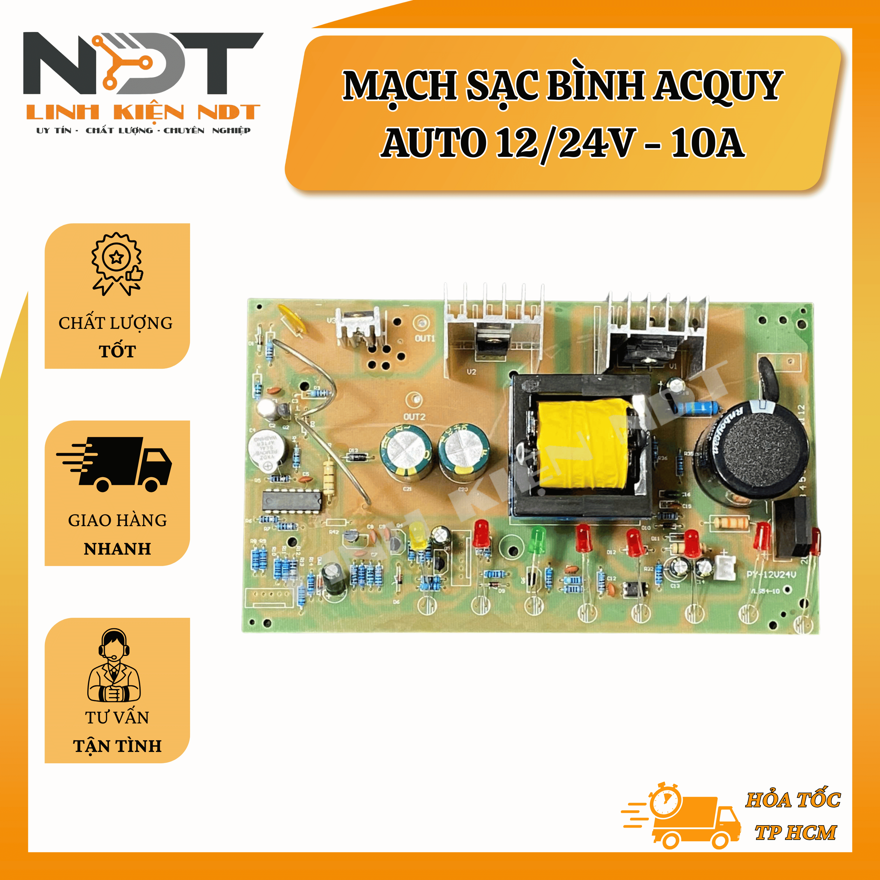 Mạch Sạc Acquy Tự Động 12/24V 10A 3 Giai Đoạn - Linh Kiện NDT