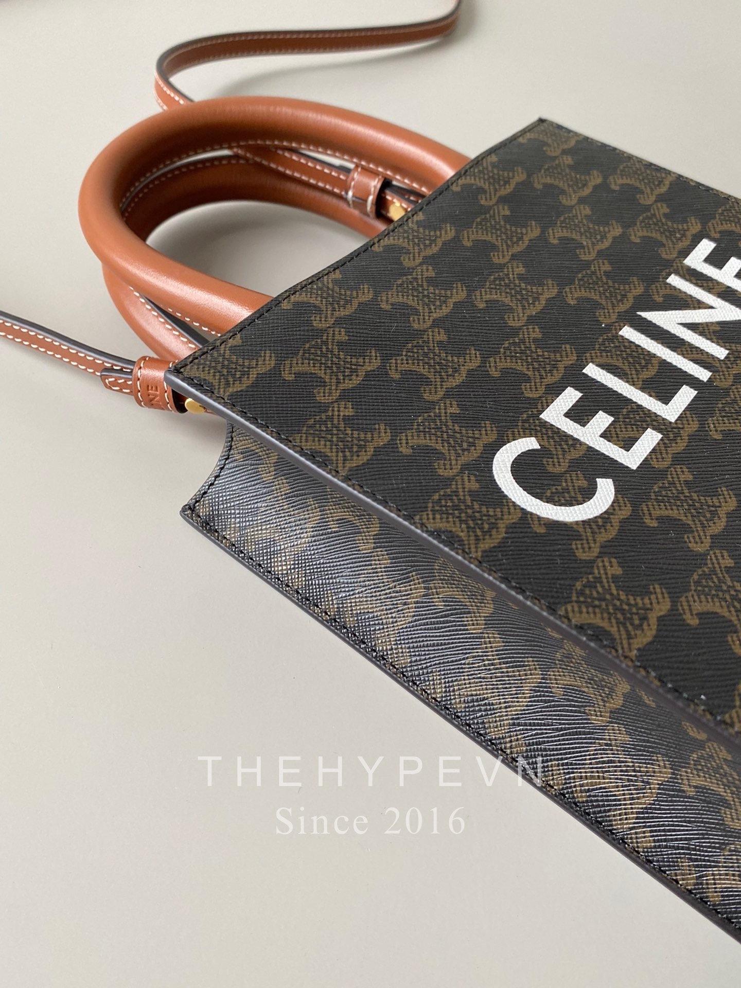 Túi Celine MINI VERTICAL CABAS IN TRIOMPHE CANVAS AND CALFSKIN WITH CELINE PRINT (Tan) [MIRROR QUALITY]