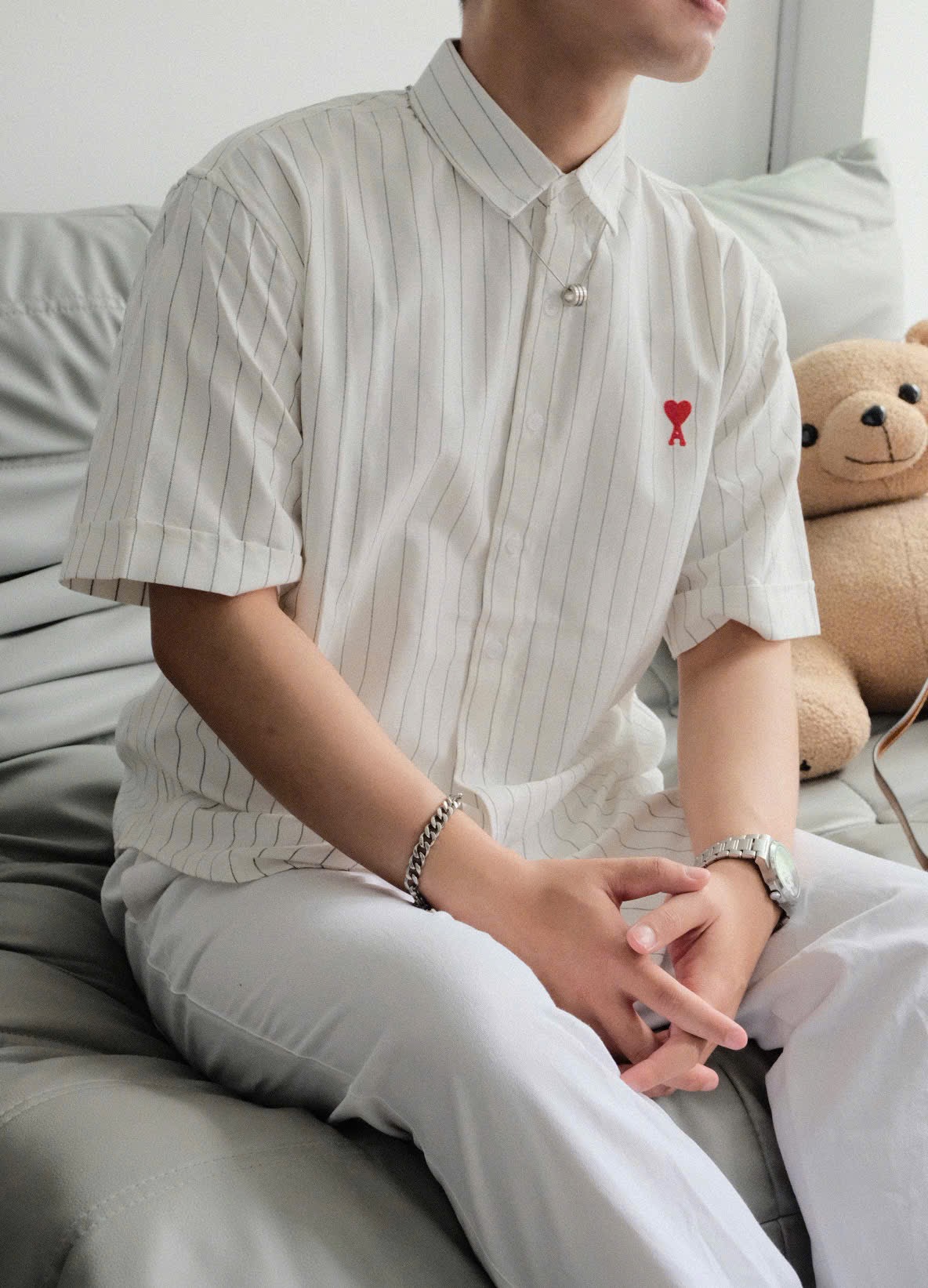 ÁO SƠ MI AMI PARIS STRIPE SHORT SLEEVE (WHITE)